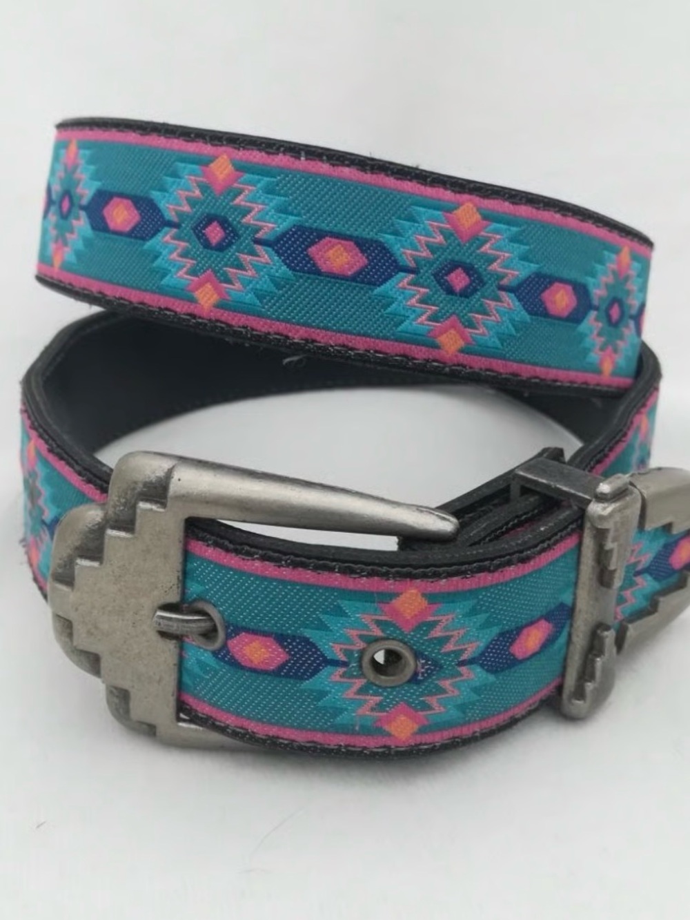 Nuovo Vintage 90s Southwestern Aztec Leather Belt Turquoise Pink Western